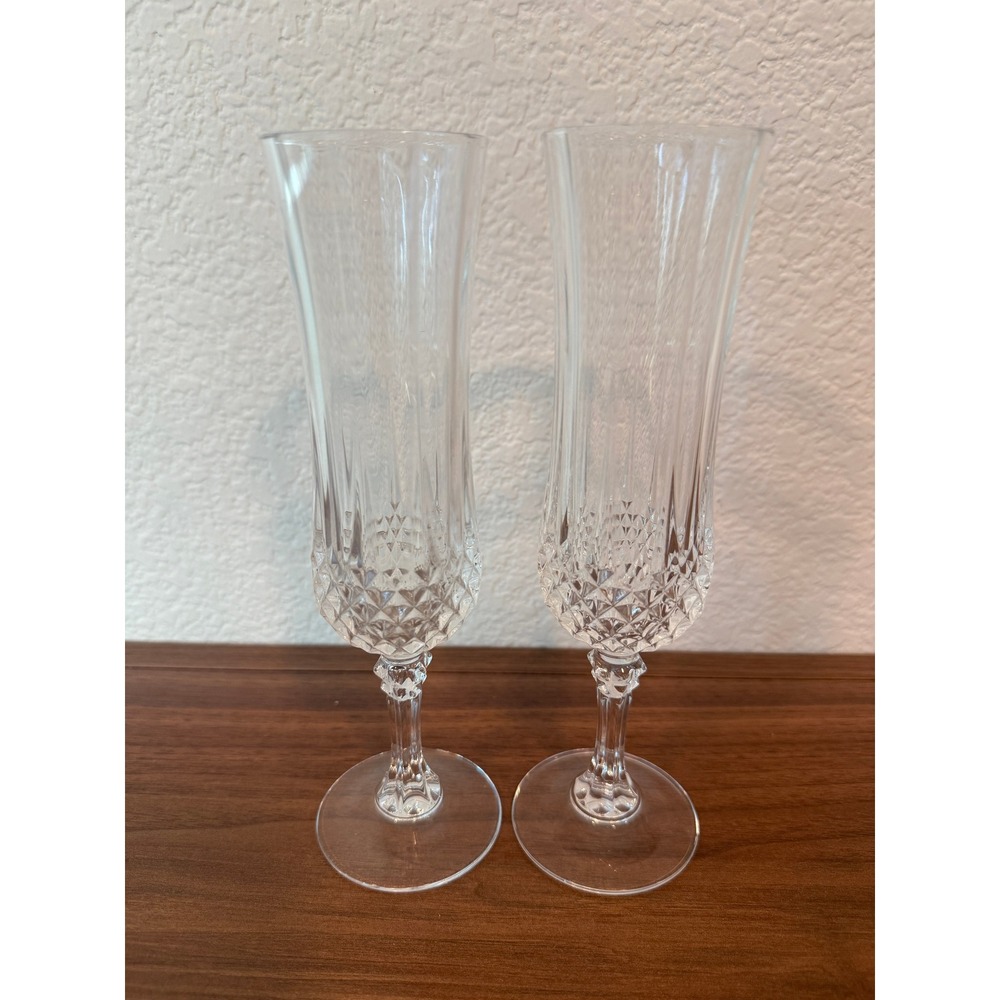 VTG Pair (Set 2) of Longchamp MCM Cristal D'Arques 8" Crystal Champagne Flutes